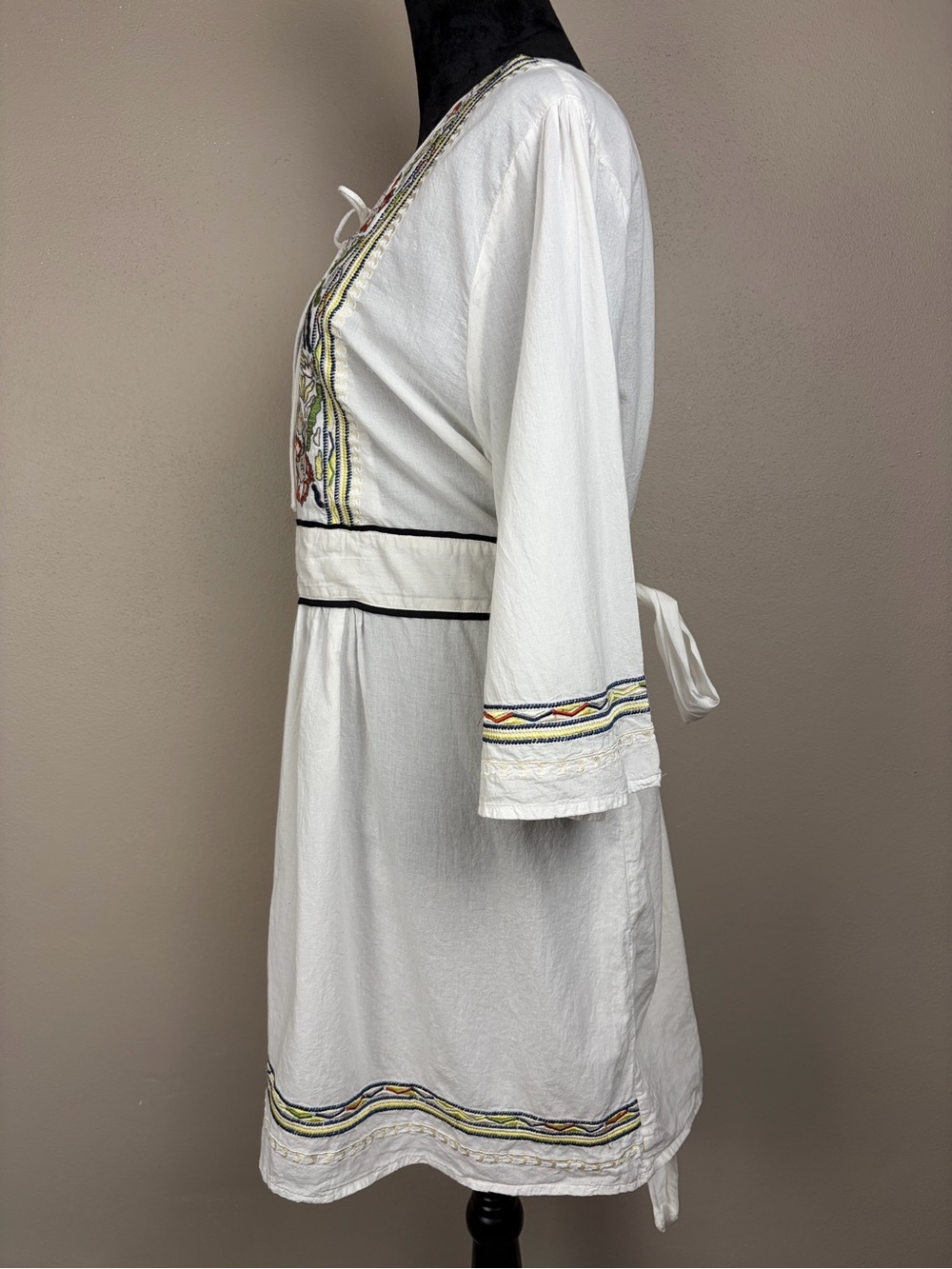 Boho Embroidered Tie Waist Tunic Mini Dress White Caftan Peasant Festival XL/2XL - Picture 4 of 15